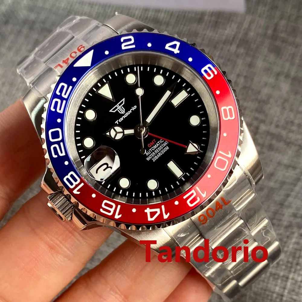 20ATM Tandorio 40mm 9 o'clock Crown Left-Handed GMT NH34A Automatic Movement Sapphire Glass Diver Men Watch Luminous Screw Crown 42mm tandorio monster v2 diver automatic watch men sapphire glass date day waterproof steel clock mop dial business clock 300m