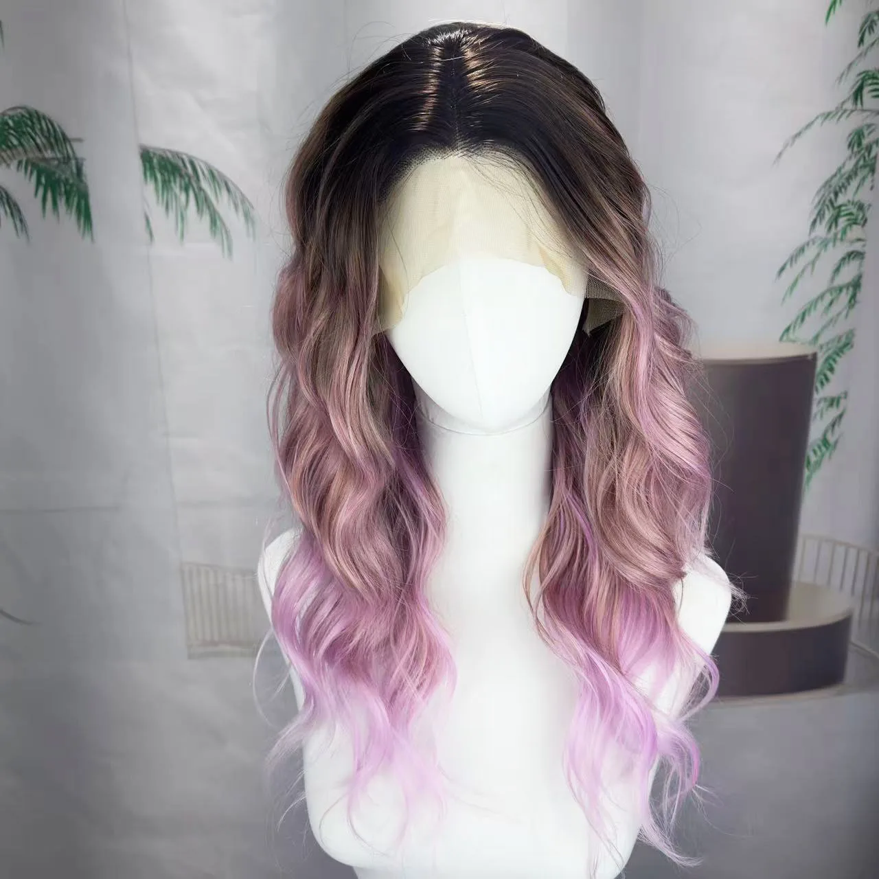 18-inch front lace synthetic fiber head cover gradient curls for everyday wear