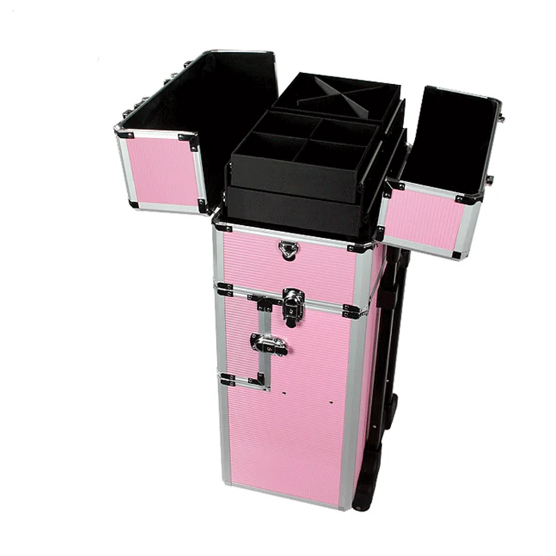 

Professional Travel Makeup Train Case Rolling Pink 4 in 1 Large Makeup Cosmetic Case On Wheels Makeup Organizer Storage Case