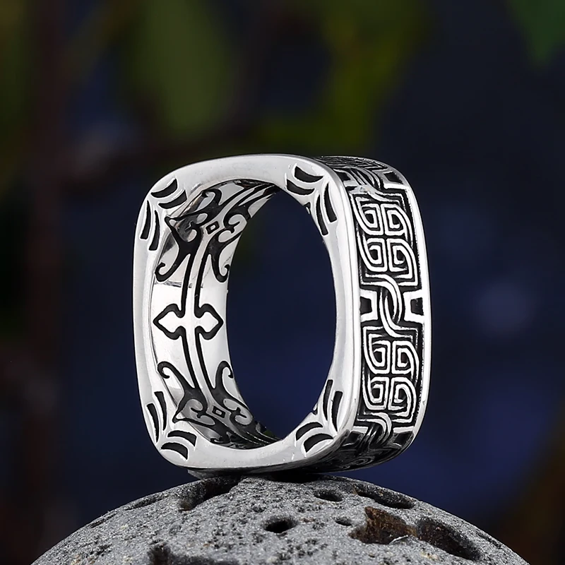 Vintage Carved Pattern Square Stainless Steel Rings For Mens