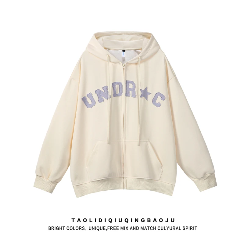 Vintage letter patch hooded cardigan sweatshirt women's spring new loose oversize casual couple outerwear