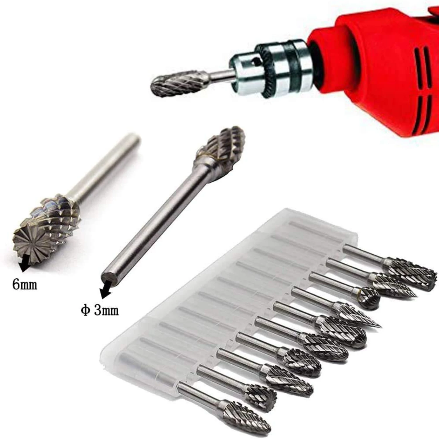 High Quality Carbide Material 10 Pcs Double Cut Rotary Burr Set for Metal Carving, Polishing, Engraving, and Drilling-1/8" Sha