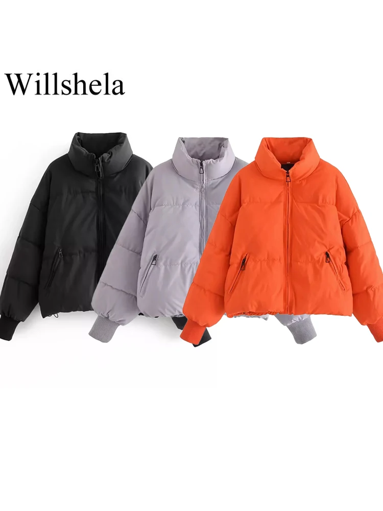 

Willshela Women Fashion Solid Front Zipper Puffer Jacket Winter Warm Parkas High Neck Long Sleeves Female Chic Lady Tops Outfits