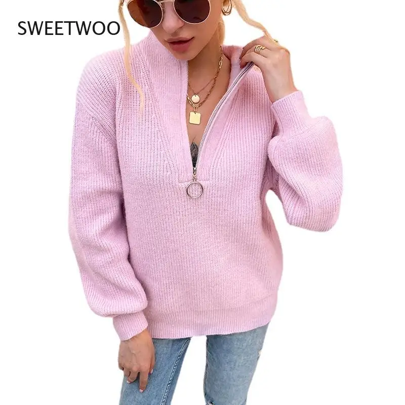 

Women's Spring and Autumn Fashion Casual Crochet Solid Color Zipper Sweater Pullover Korean Fashion Knit Sweater
