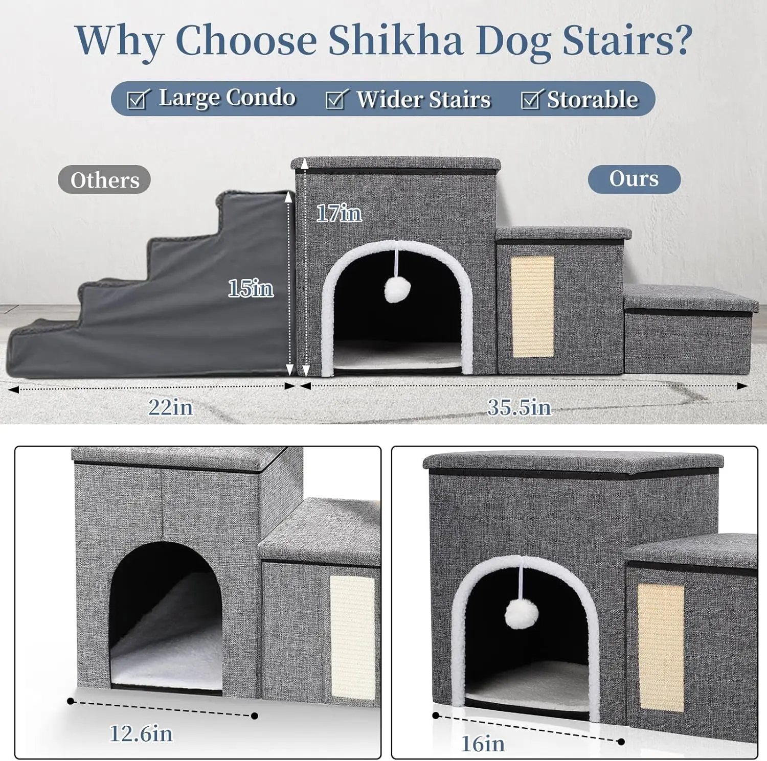 Upgrade XL Dog Stairs for Bed and Couch, 35.5"L x 13.8"D x 17"H, Foldable Dog Steps with Wider Stairs,Large Condo, Storage Space