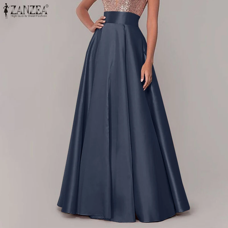 ZANZEA Women Satin Silk Black Maxi Long Skirts Elegant Luxury High Waisted A-Line Party Jupe Femme with Back Zipper Faldas Mujer 5