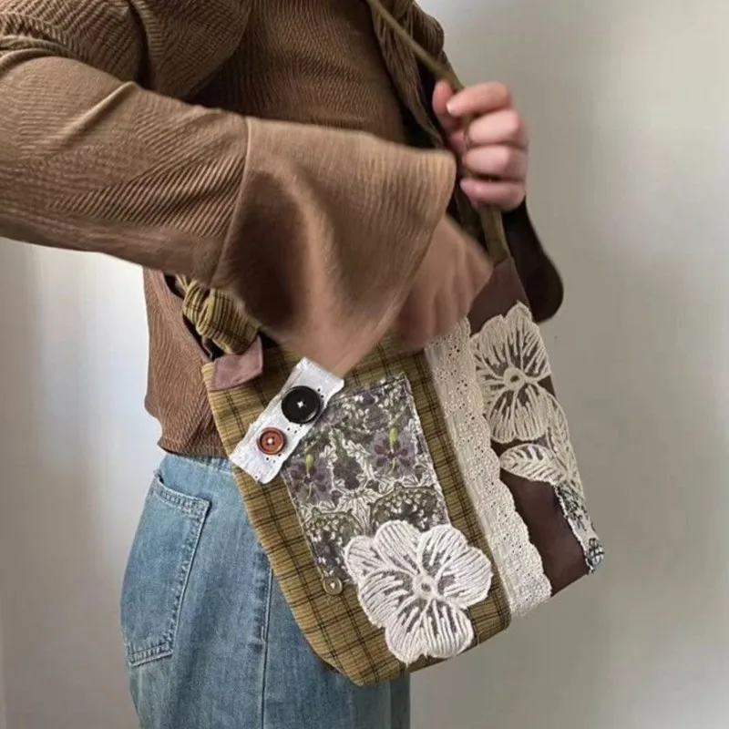 JIAERDI Vintage Lace Large Capacity Handbag Women Retro Patchwork Canvas Casual Shoulder Bags Ladies Versatile Y2k Bags Сумка