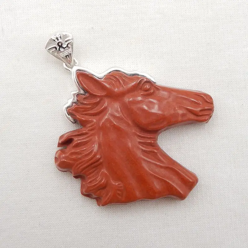 Silver Accessories Natural Stone Carved Horse Head Necklace Pendant Bead 43x40x10mm 29g
