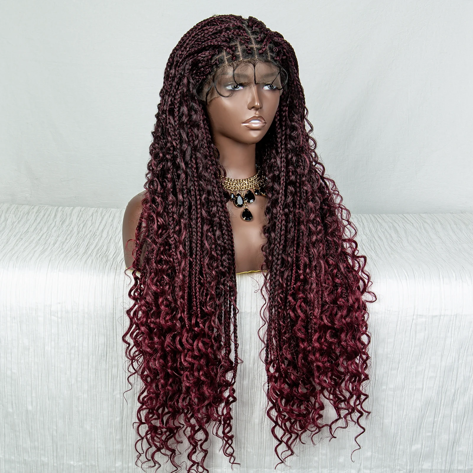 99J Color Synthetic Lace Braided Wigs for Black Women 32 Inch Cornrow Braids Lace Wigs on Sale Clearance Box Braids Lace Wig