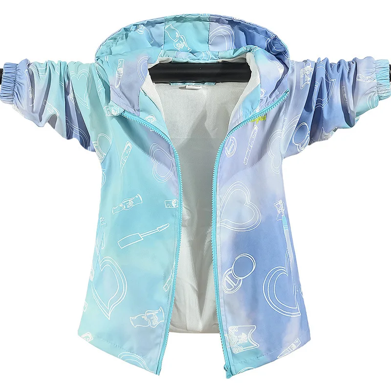 Spring Summer Girls Waterproof Contrast Tie Dye Hooded Lined Zip Hiking Jackets School Kids Outfit Tops Child Track Coat 3-14Yr