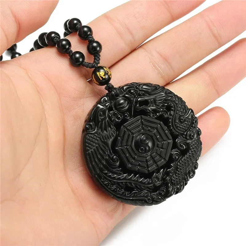 Natural Black Obsidian Dragon Phoenix Pendant Beads Necklace Fashion Charm Jewellery Hand-Carved Amulet Gifts for Her Women Men