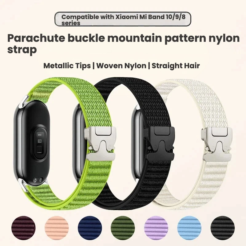 Nylon Parachute Buckle Watch Strap Band for Xiaomi Mi Band 10 9 8 Smart Bracelet Replacement Wristband Mountain Pattern Style