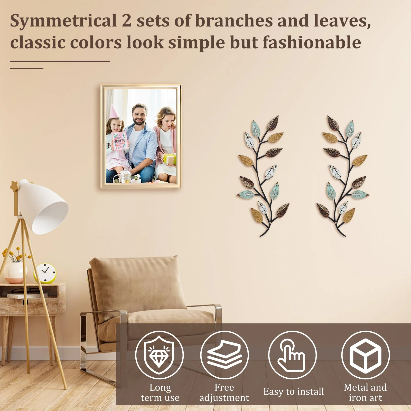 2PCS Metal Tree Leaf Wall Decor Decorative Vine Olive Branch Leaf Wall Art Elegant Wrought Iron Scroll for Living Room Bedroom