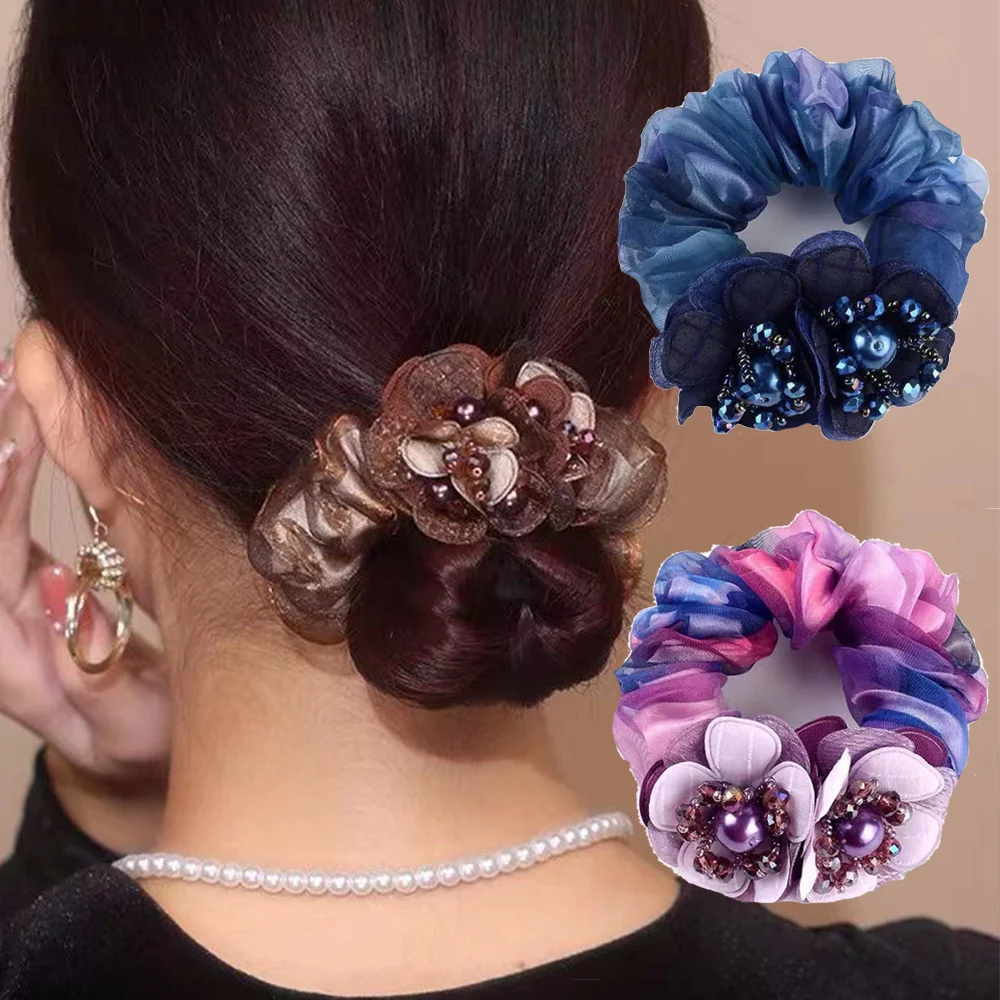 

Luxury Pearl Flower Hair Rope Organza Hair Ties Women's Bun Headdress Elastic Hair Bands Fashion Hair Accessories