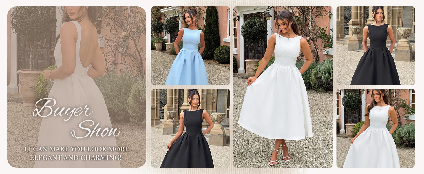 Vestido de fiesta de satén con escote barco y espalda descubierta, fino y sin mangas, con bolsillos laterales, para fiesta formal de noche