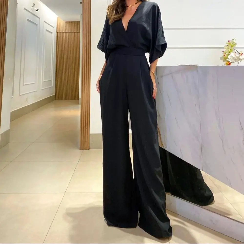 Black Green Slim Waist Elastic Jumpsuit Tall Women Fashion Bat Sleeve V-Neck High Ladies Overalls Long Loose Wide Legs Rompers casual women s nude lace up knotted jumpsuit front hollow out solid colored drawstring khaki white black apricot