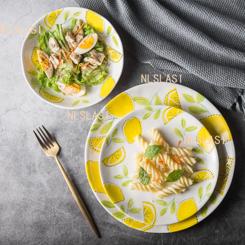 1pcs Ceramic Western Cuisine Plate Household Round Flat Plate Vegetable Dish Creative Lemon Tableware Underglaze Colour