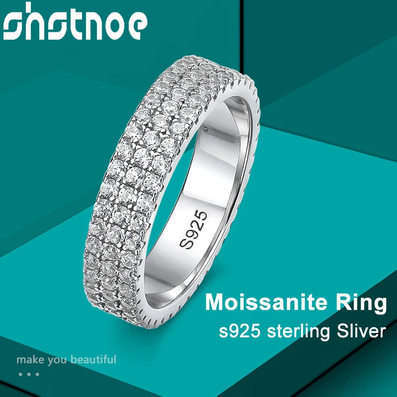 

SHSTONE Full Moissanite Ring 925 Sterling Sliver Plated 18k Eternity Band Hip Hop Rings for Woman Man Party Sparkling Jewely