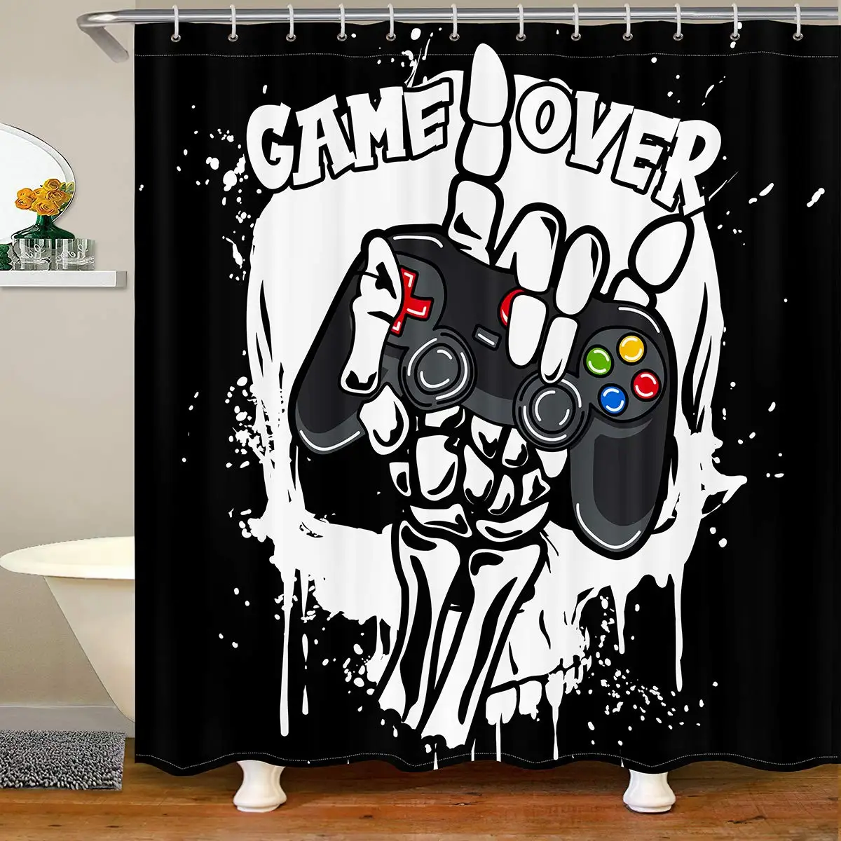 

Игровая занавеска для душа с черепом для мальчиков, s-геймпад, занавеска для ванной с краской, занавеска для видеоигр, душевая занавеска для ...