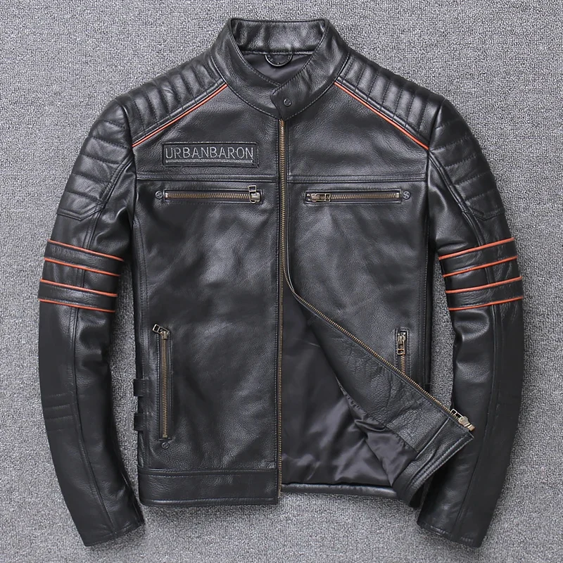 

Male Genuine Leather Jacket 3D Skulls Motorcycle Vintage Thick Black Cowhide Brand Designer High Quality Coat