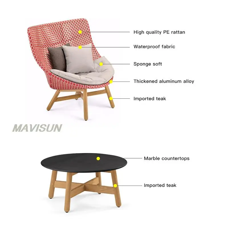 Outdoor Reclining Bed With Coffee Table Combination Teak Rattan Single Sofa Garden Furniture Balcony Leisure Villa Patio Chair
