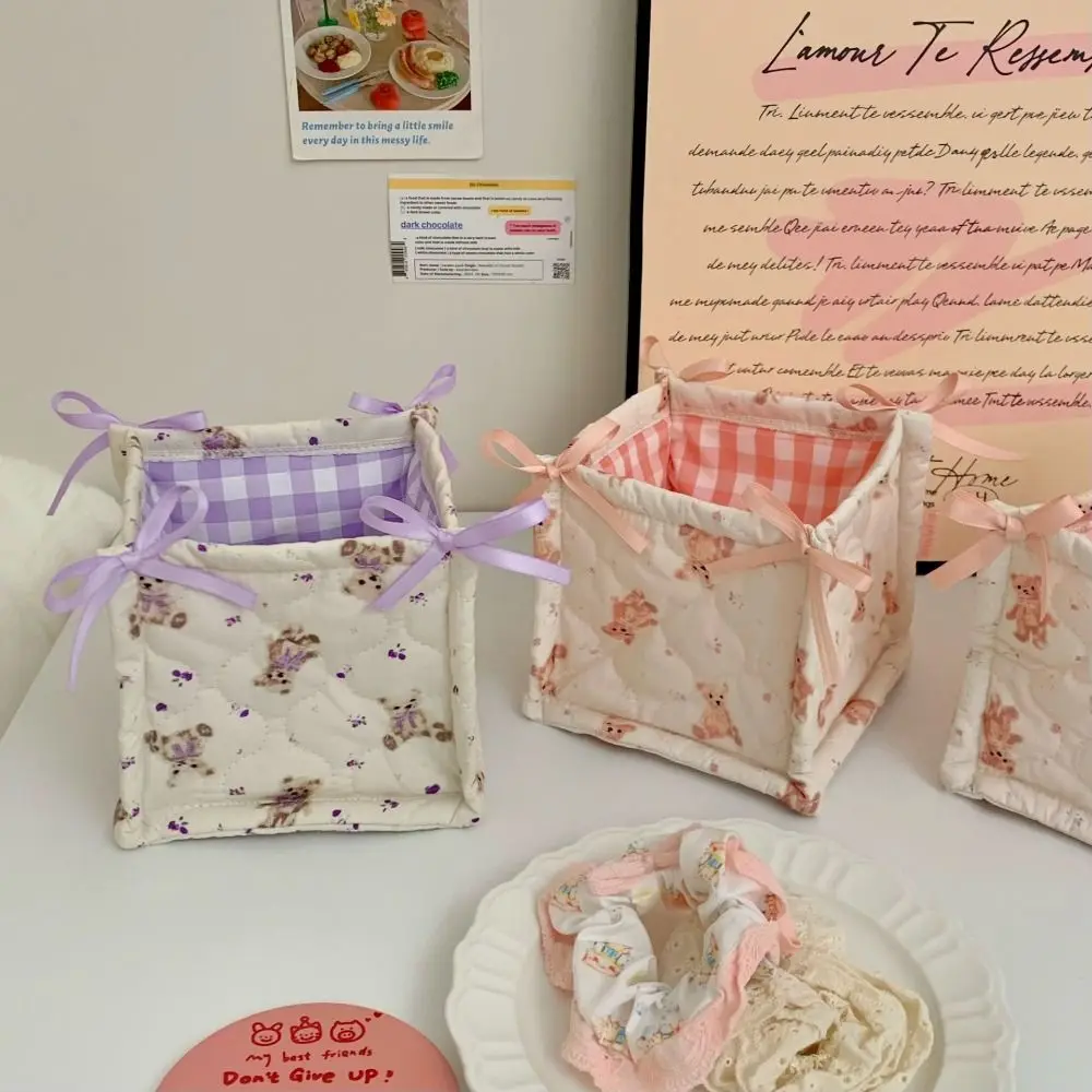 New Quilting Cotton Storage Box Bear Pattern High-capacity Desktop Storage Basket Cartoon Square Organizer Box Home Decoration