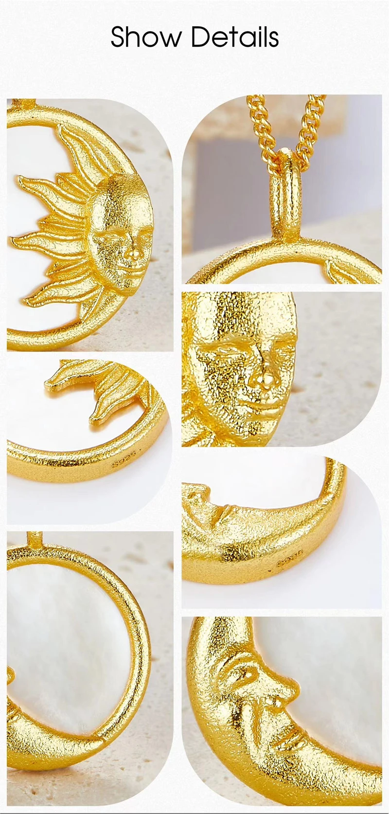 White Mother of Pearl, Silver Gold Plated Round Disc Pendant Sun and Moon Necklace