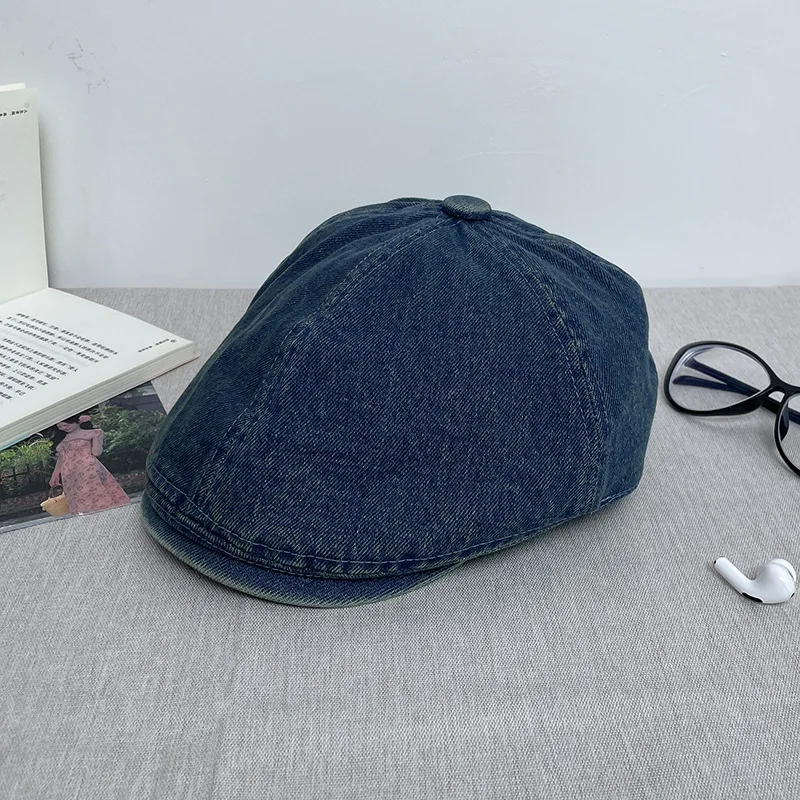 Vintage Denim Solid Color Newsboy Caps Solid Color Washed Cotton Flat Peaked Cap Men Autumn Painter Women Beret Octagonal Hats