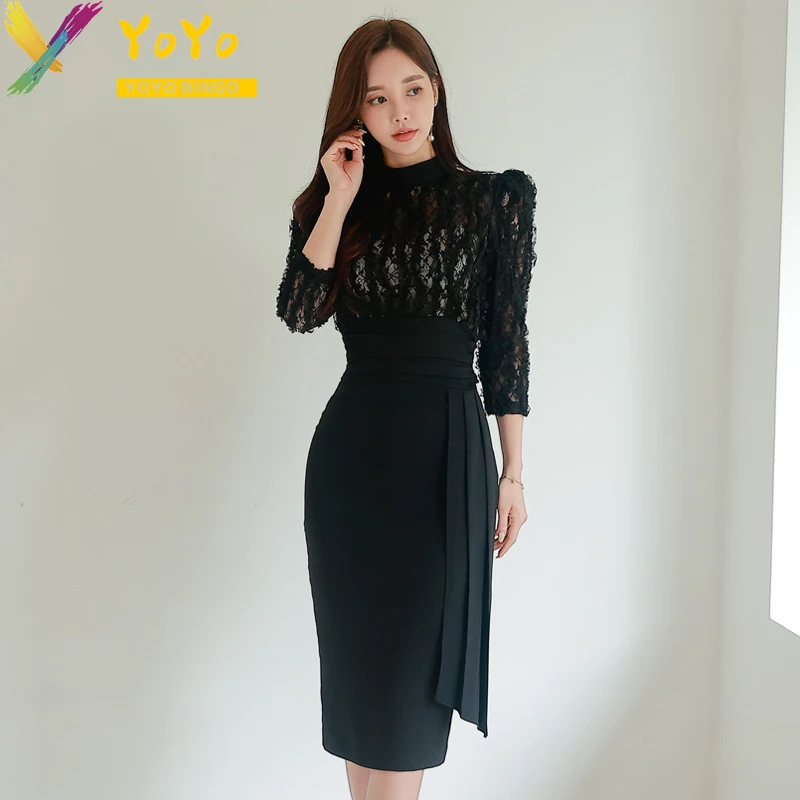 

Elegant Fomal Dress Black Hollow Lace Stitched Half Sleeve Dress Spring 2024 Fashion Slim Bodycon vestido Party Club Dress