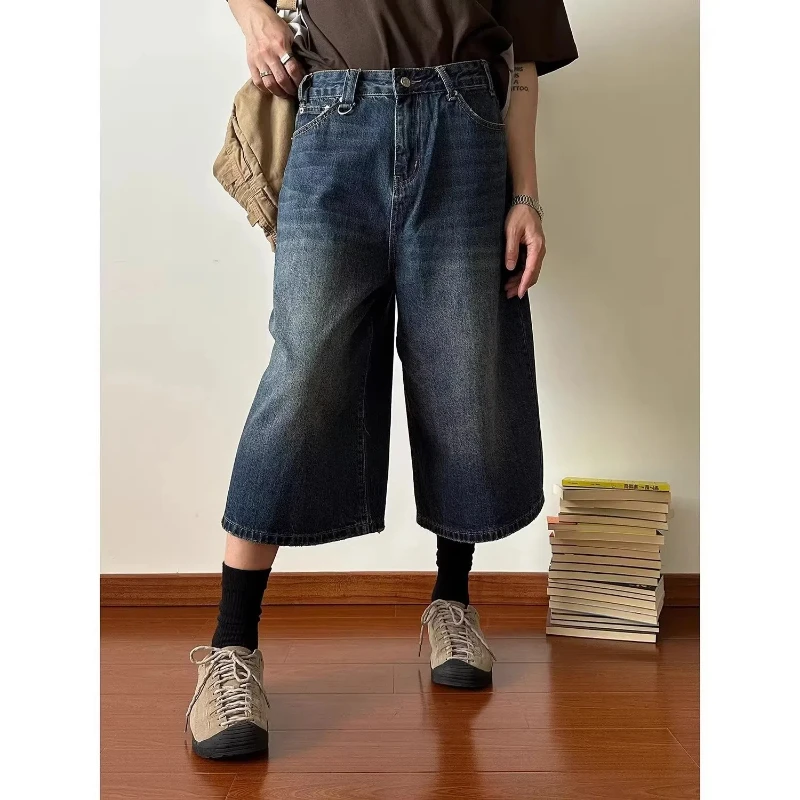 Summer New American Style Loose Washed Vintage Distressed Jeans Men's Korean Trendy Button Pockets Middle Waist Straight Shorts
