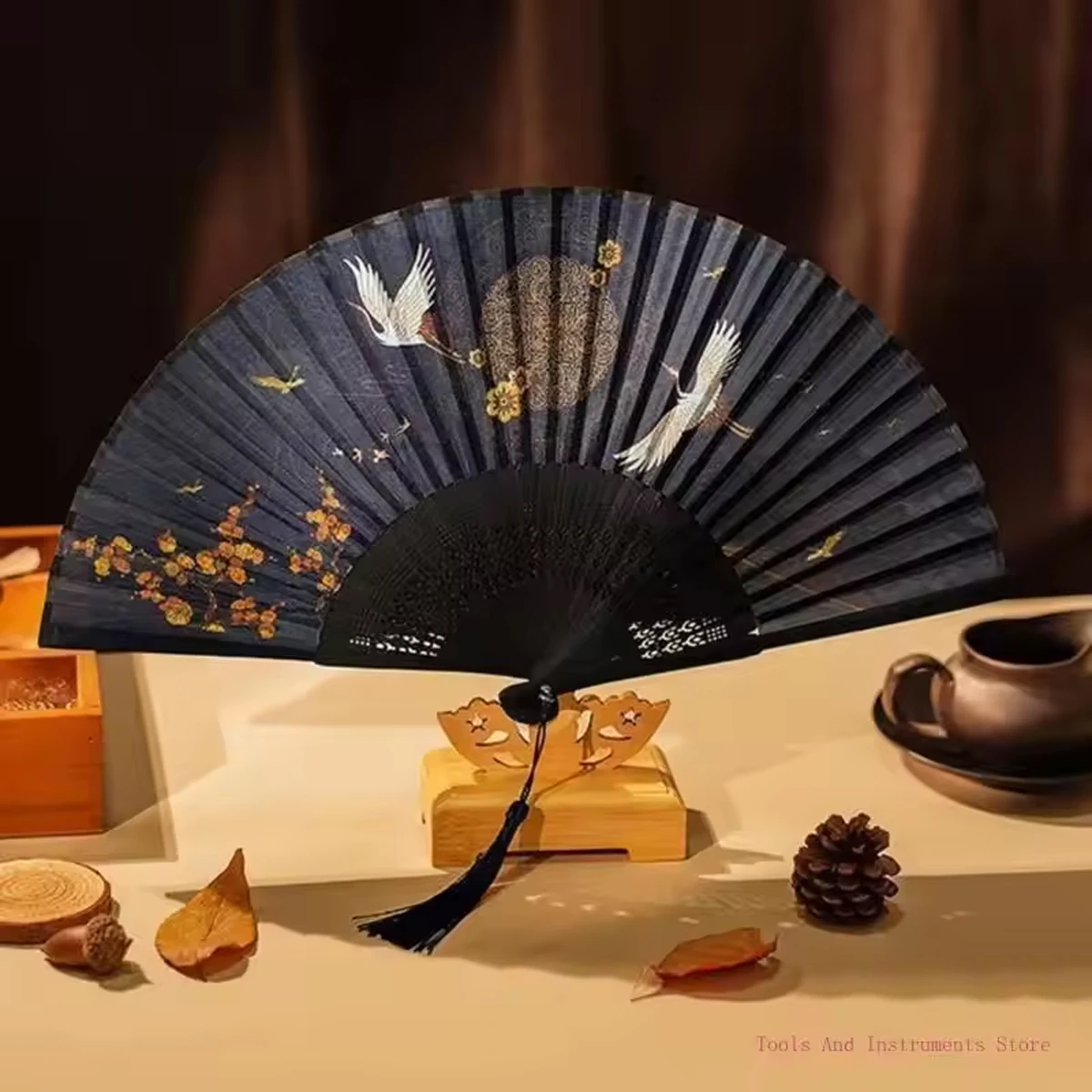 Vintage Styles Chinese Hand Fan Cranes Pattern Ancient Folding Fan with Tassels