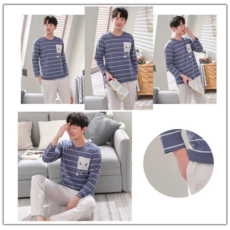 Cotton Long Sleeve Pajamas Set For Men Cute Spring Cartoon Male Sleepwear Summer Casual Home Clothes Comfortable Pijamas men's cotton pyjamas