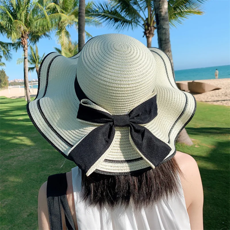 Breite Krempe Floppy Beach Bowknot Panama Lady Casual Sonnenhüte für Frauen Strohhut_voghion.com