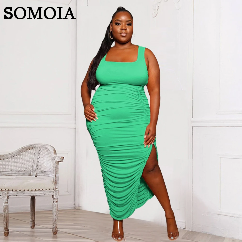 L-4XL Plus Size Women Clothing Fashion Sexy Square-Collar Solid Color  Sleeveless Pleated Slit Dress Wholesale Dropshipping