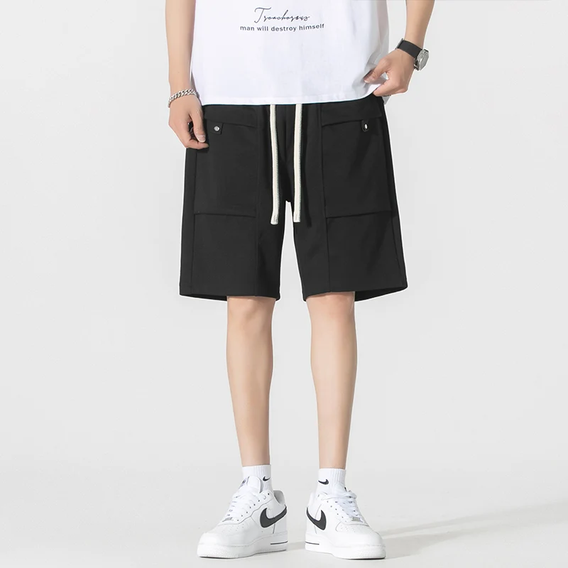 Solid Color Men's Summer Pockets High Waisted Elastic Casual Sports Straight Cargo Bandage Knee Pants England Style Shorts