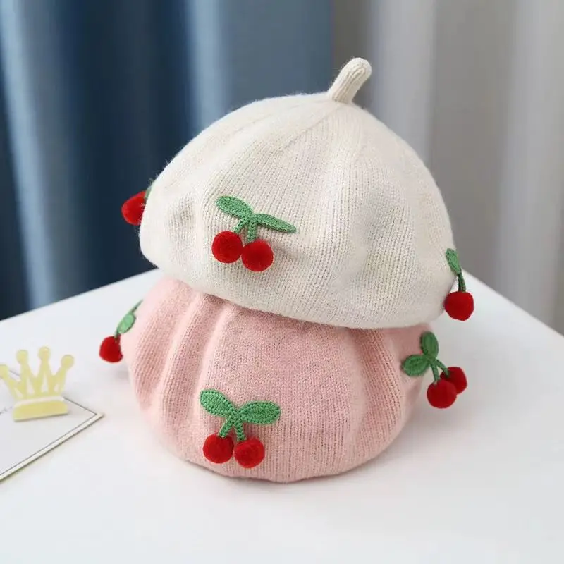 New Fashion Spring and Autumn Girl Children British Painter Hat Baby Wool Fashion Kawaii Cherry Women Beret Caps women hat,woolen hat,children beret