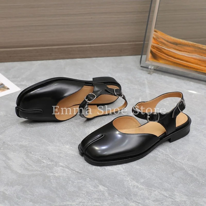 Women's Black Tabi Loafers Ankle Buckle Slingback Sandals Summer New Vintage Dress Shoes Fashion Genuine Leather Female Shoes