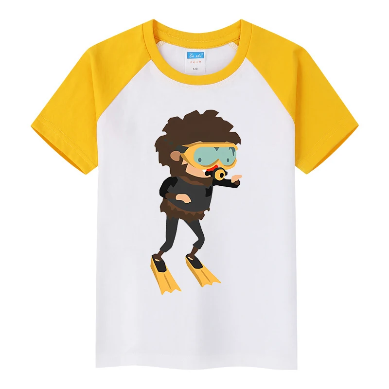 

Sneaky Sasquatch Big Head printed children's clothing children's contrast short-sleeved yellow raglan T-shirt for boys and girls