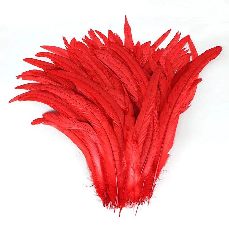 

100Pc Red Dyed Rooster Chicken Tail Feather Plumes 30-35CM 12-14" DIY Dyed Cock Tail Clothing Accessories Jewelry Performance