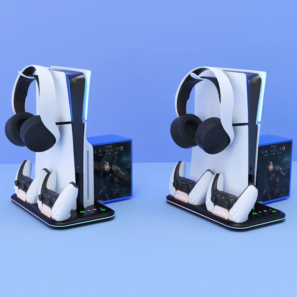 For PS5 Slim Console Cooling Stand Controller Charging Dock with Headset Hook USB HUB for Playstation 5 SlimDisc&Digital Edition