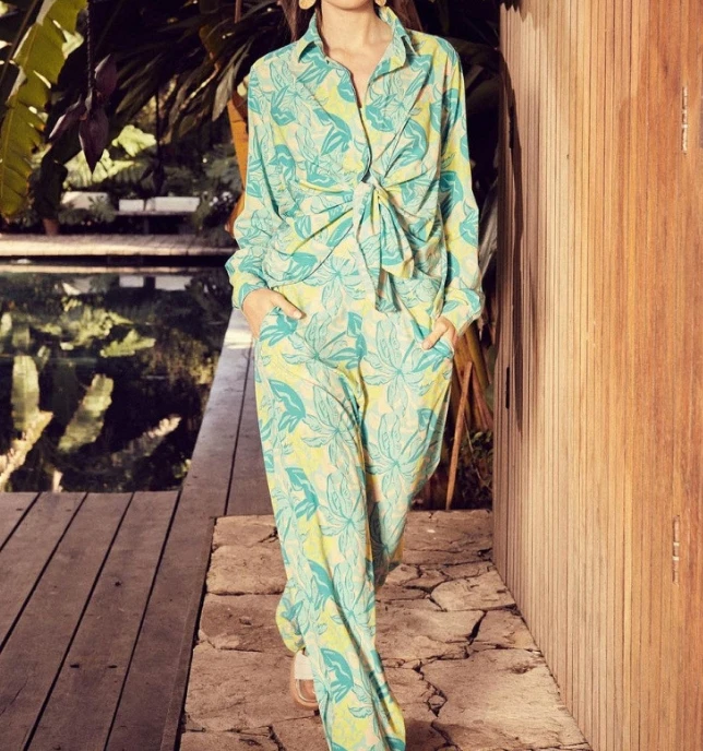 

2024 Leisure Style Spring/summer for Women Two Piece Fashion Loose Print Long Sleeved Shirt Split Wide Leg Temperament Pants Set