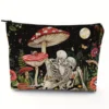 Vibrant Mushroom Skull Floral Cosmetic Bag Zipper Closure Multi-Functional Travel Pouch Fashionable Linen Makeup Case 1
