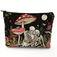 Vibrant Mushroom Skull Floral Cosmetic Bag Zipper Closure Multi-Functional Travel Pouch Fashionable Linen Makeup Case 1