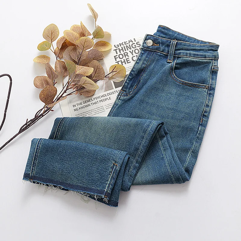 Fashion Plus Size Women's Jeans Autumn Quality Casual Stretch Denim Slit Leg Opening Fringed Straight Ankle-length Pants 115