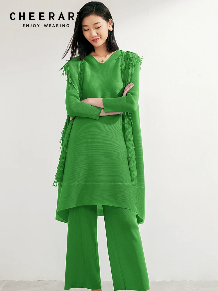 

CHEERART Luxury Designer 2023 Fashion 2 Piece Sets Women Outfit Pleated Tassels Casual Hoodies Blouses And Pant Sets Spring Clot
