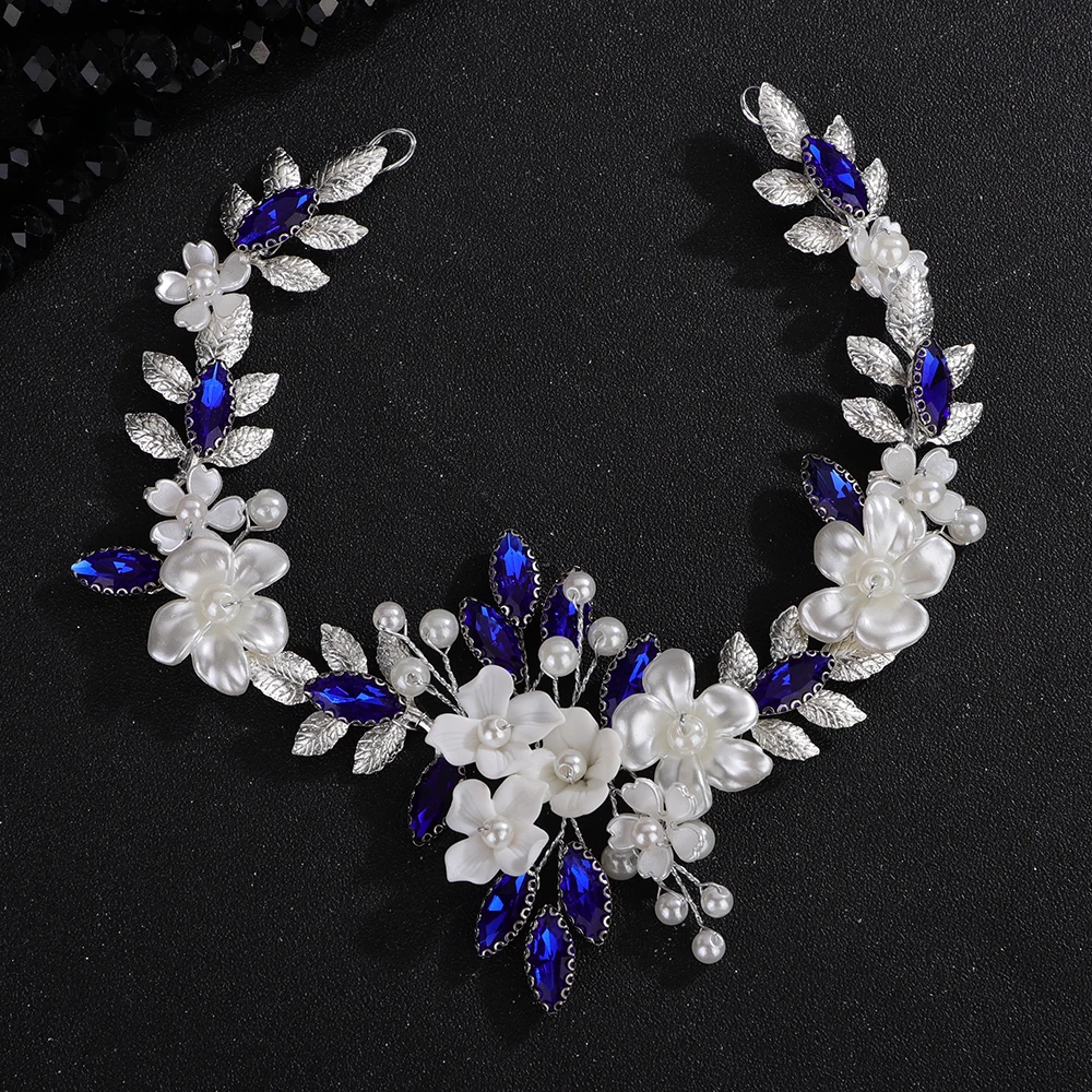 Wedding Resin Flower Green Headband Rhinestone Pearl Bridal Silver Bride Hair Accessories Blue Party Leaf Headband for Women