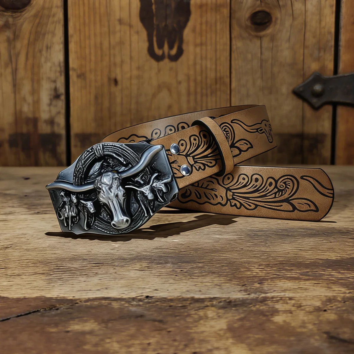 Plus Size Unisex Western PU Leather Vintage Belt with Bull Decoration and Horse Buckle