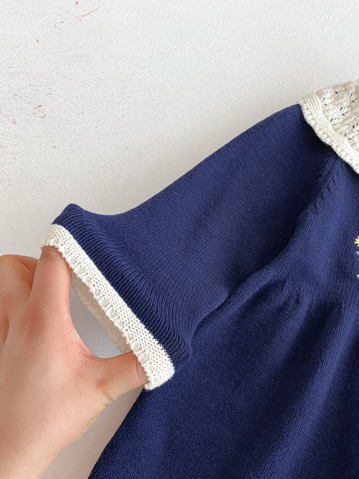 Navy Sweater Knit Dress for Kids with Ruffle Collar