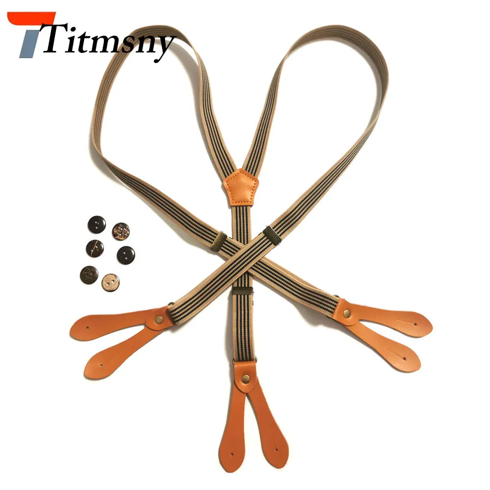 

Striped Or Khaki Six Buttons Design Elastic Suspenders Men and Women Leather + high elastic 2.0cm wide suspender 3 Buckles