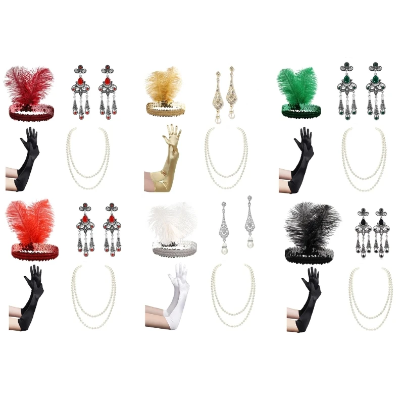 

1920s Flapper Accessories Gatsby Costume Accessories Set for Women 20s Headpiece Pearls Necklace Gloves Earrings Drop shipping